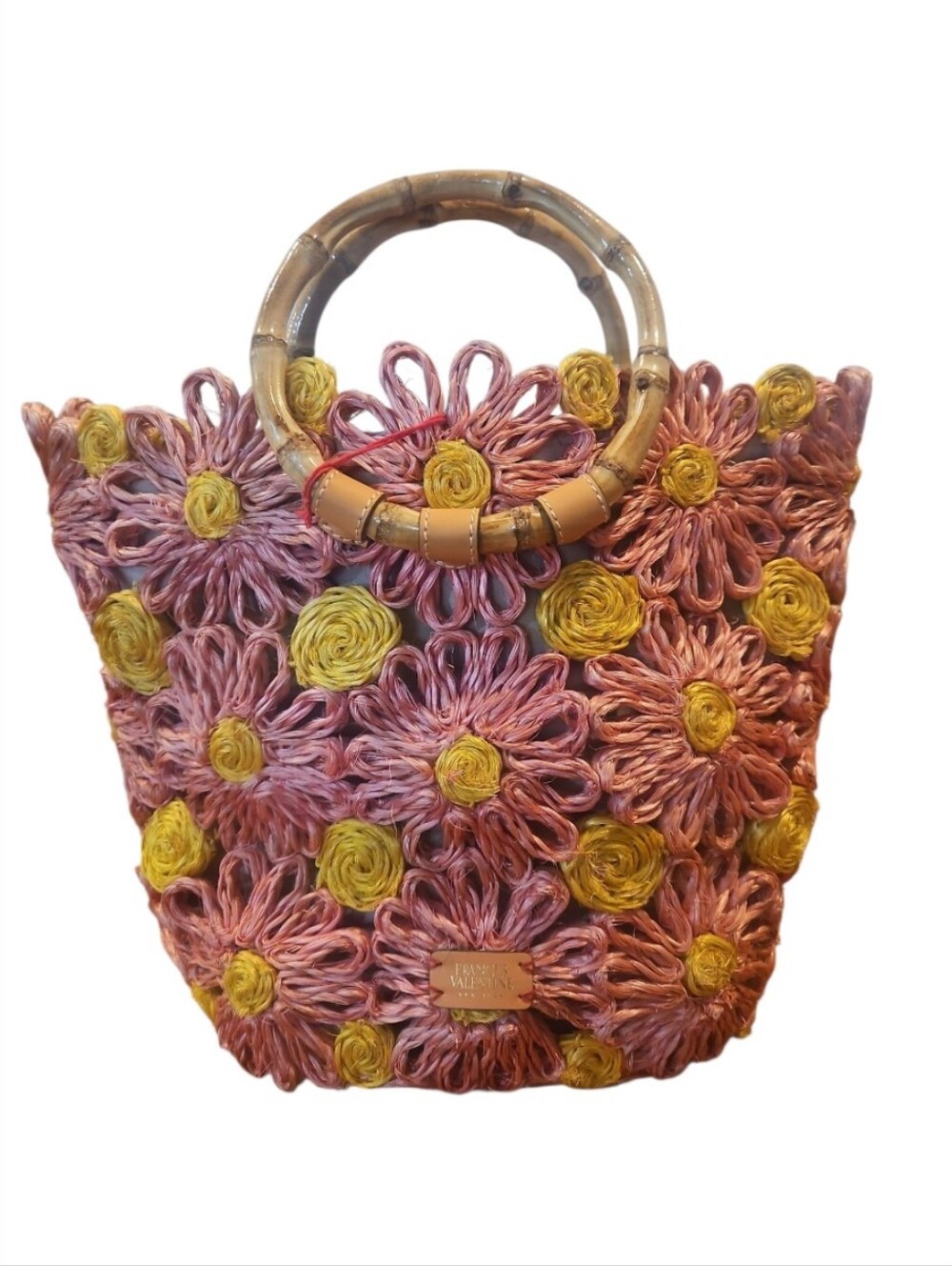 Frances Valentine Flora Raffia Tote Bag Pink Yellow Bamboo Handle NWT - Picture 5 of 11